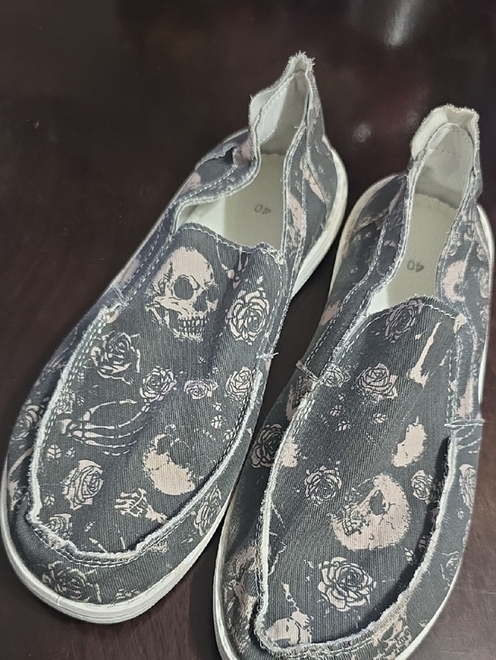 None Shoes - Floral Skull Canvas Womens Shoes with Skull & Rose Print Black & White